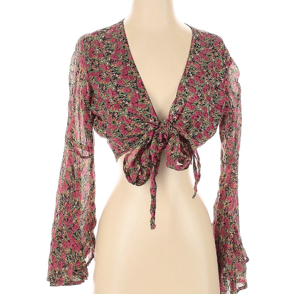 Floral Tie-Front Blouse With Bell Sleeves - Picture 2 of 8